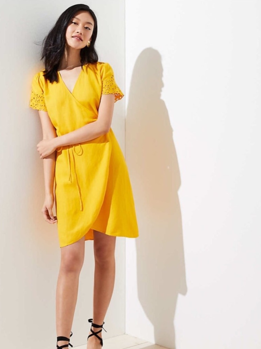 Loft Linen Blend Golden Yellow Eyelet Mini Wrap Dress | Size XXS